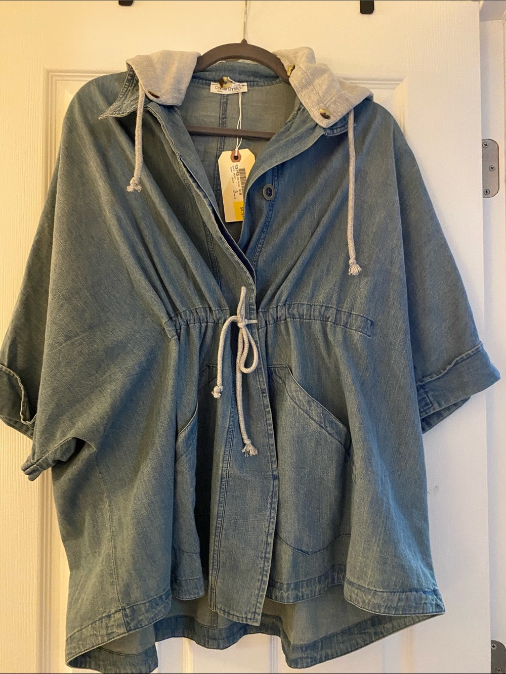 Carole Christian Light Blue Denim Hooded Drawstring Jacket/ Top